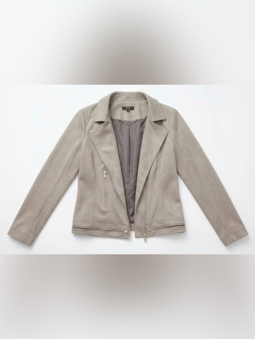 Suede-Look Asymmetrical Decorative Zipper Jacket in Light Gray - Size 40